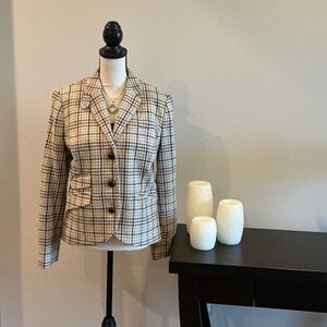 L.L. Bean Cream and Brown Plaid Tailored Women's Blazer